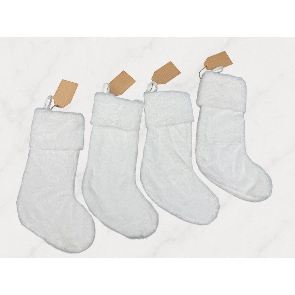 Martha Stewart White Faux Fur Christmas Stockings Set of 4 Wooden Tags NWOT
